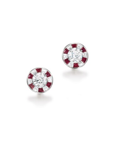 View full screen - View 1 of Lot 1624. Cartier | Pair of Diamond and Ruby Earrings | 卡地亞| 2.35及2.31克拉 圓形 D色 內部無瑕 鑽石 配 紅寶石 耳環一對.