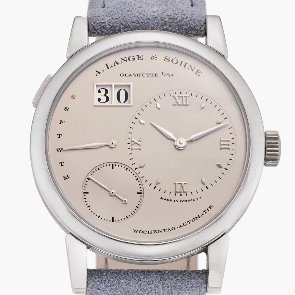 View full screen - View 1 of Lot 316. Reference 320.025 Lange 1 Daymatic | A platinum automatic wristwatch with day and date, Circa 2015.