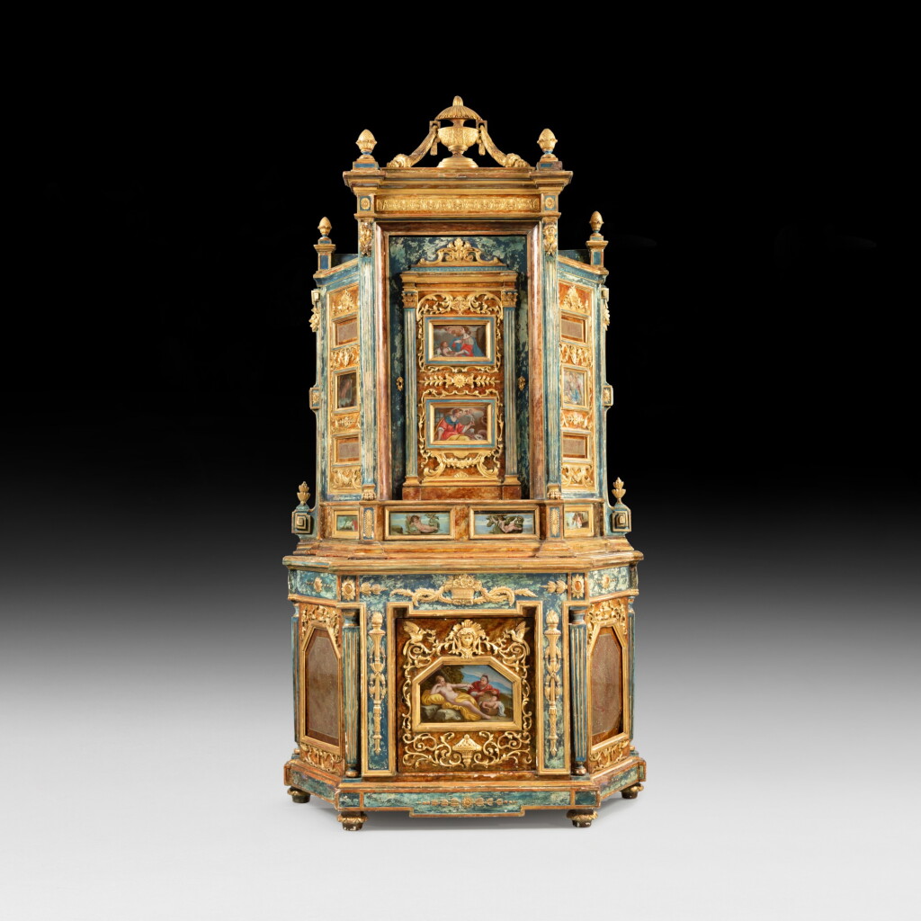 View full screen - View 1 of Lot 76. A painted wood and fixé-sous-verre meuble à deux corps, Italy, late 18th century | Meuble à deux corps en bois peint et fixé-sous-verre, Italie, fin XVIIIe siècle.