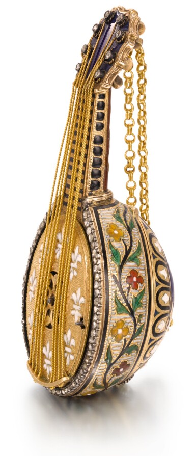 View full screen - View 1 of Lot 77. AUSTRIAN | A TWO-COLOUR GOLD AND ENAMEL MANDOLIN-FORM WATCH WITH MUSICAL MOVEMENT LATE 19TH CENTURY.