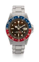 ROLEX | GMT-MASTER, TROPICAL EXCLAMATION POINT DIAL WITH EAGLE BEAK CROWN GUARDS, REFERENCE 1675, STAINLESS STEEL DUAL-TIME WRISTWATCH WITH DATE AND BRACELET, CIRCA 1961