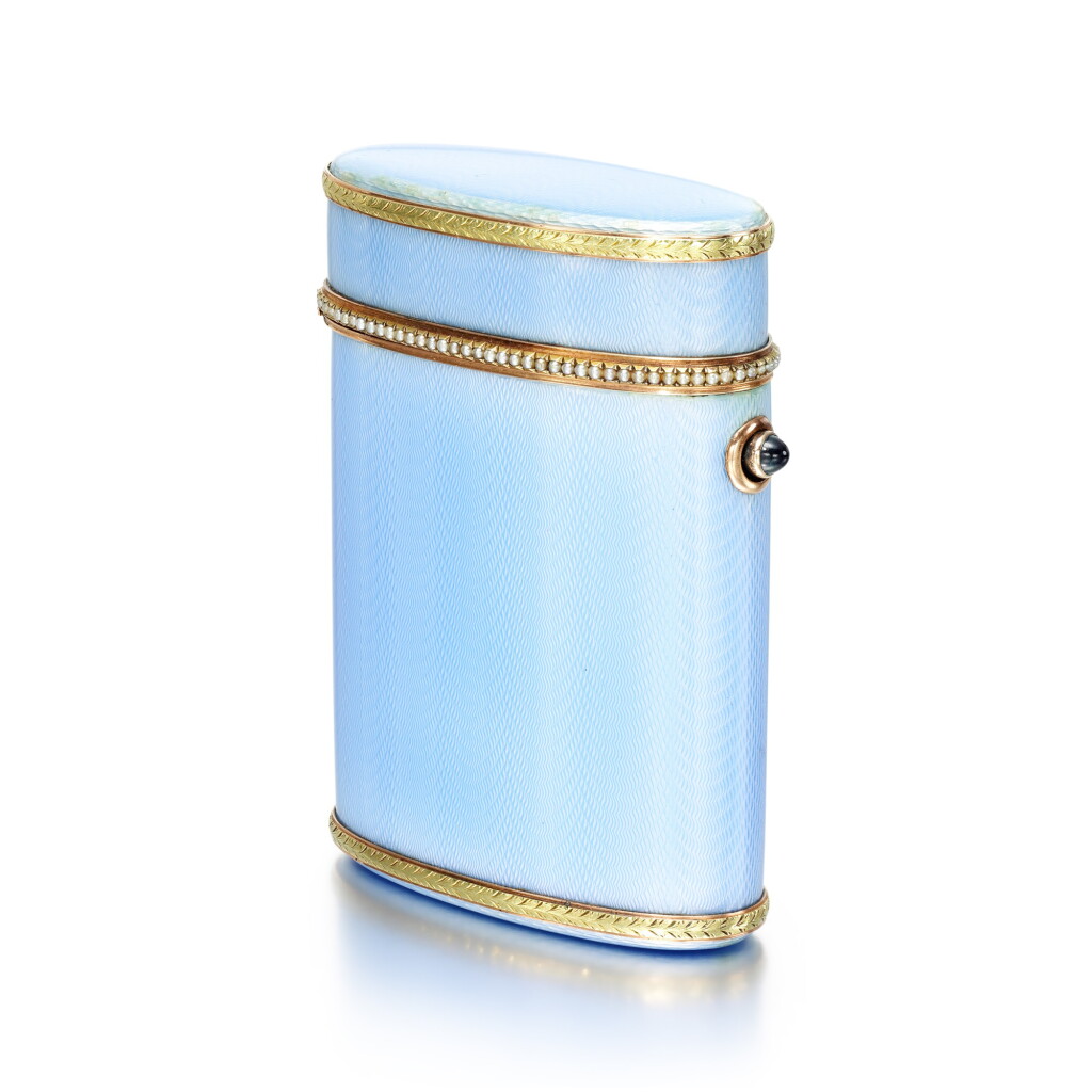 View full screen - View 1 of Lot 242. A Fabergé gem-set varicoloured gold and silver-gilt-mounted enamel cigarette case, workmaster Henrik Wigström, St Petersburg, 1908-1917.