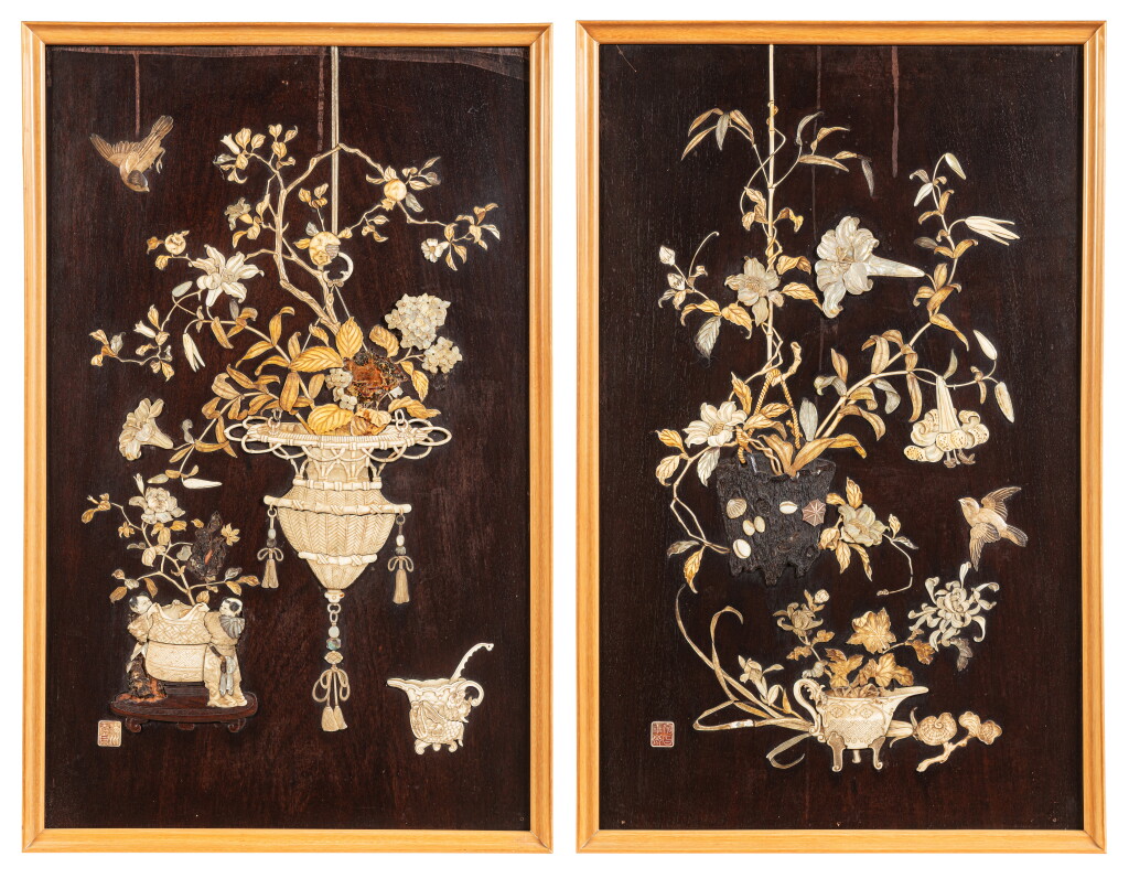 View full screen - View 1 of Lot 125. A pair of Shibayama-style lacquer and inlaid panels, Japan, Meiji period.