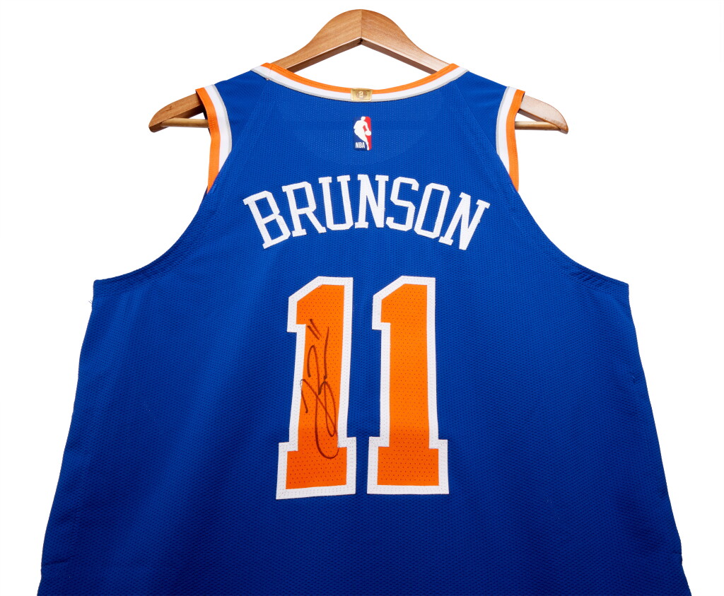 View full screen - View 1 of Lot 18. Jalen Brunson New York Knicks 2024-2025 Game Worn and Signed Icon Edition Jersey | Double-Double.