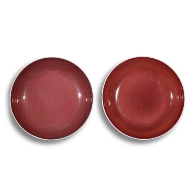 View full screen - View 1 of Lot 163. A pair of red-glazed dishes, Marks and period of Qianlong.