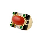 David Webb | Coral, Emerald, Diamond and Enamel Ring