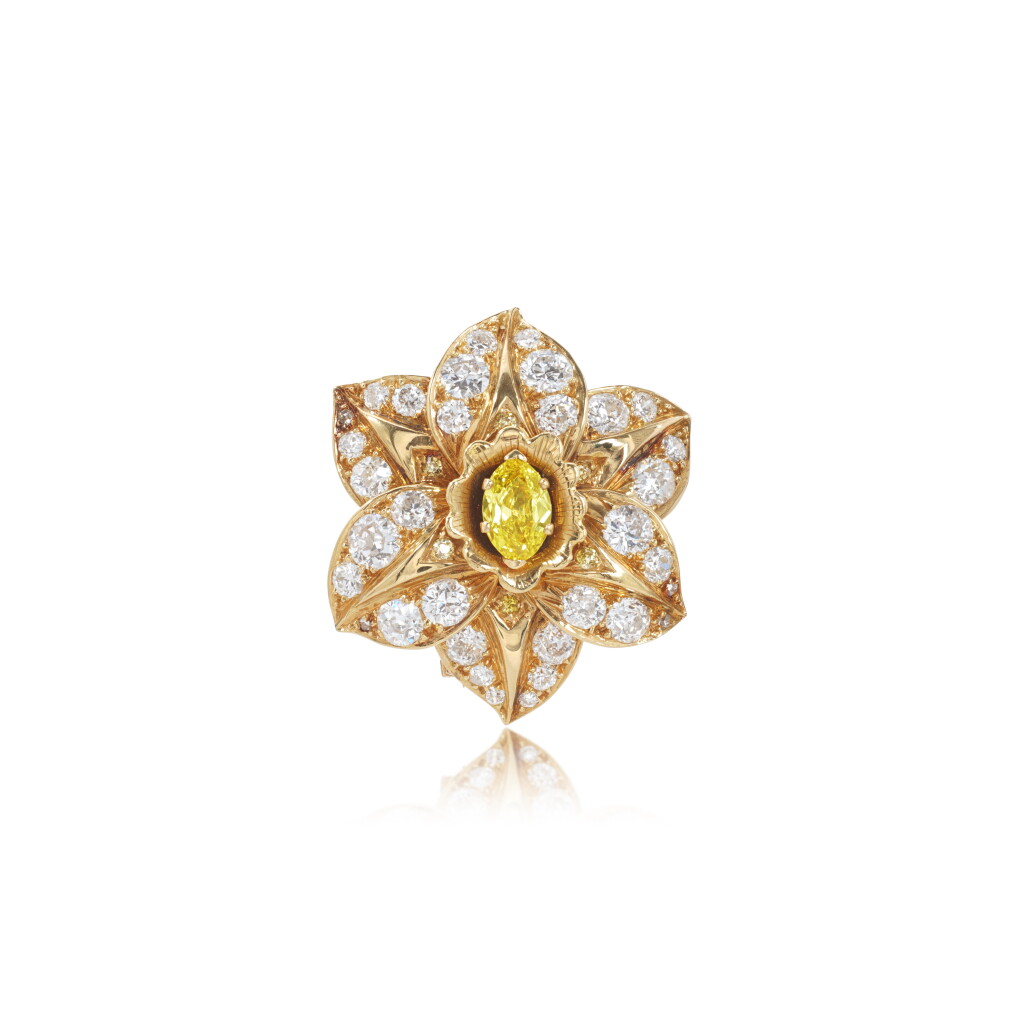 View full screen - View 1 of Lot 534. Fancy Vivid Yellow diamond and diamond brooch, 'Narcisse', circa 1960.
