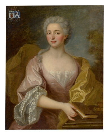 View full screen - View 1 of Lot 238. FRENCH SCHOOL, 18TH CENTURY | PORTRAIT OF A LADY, HALF LENGTH, WEARING A PINK DRESS AND HOLDING A BOOK.