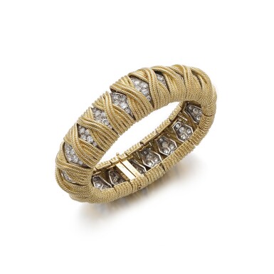 View full screen - View 1 of Lot 1084. Gold and diamond bracelet/watch.