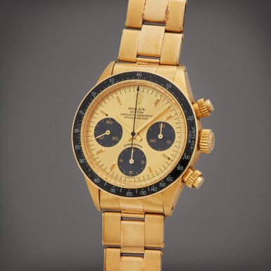 View full screen - View 1 of Lot 106. Reference 6263 Daytona | A yellow gold chronograph wristwatch with bracelet, Circa 1978 | The Hammer Collection.