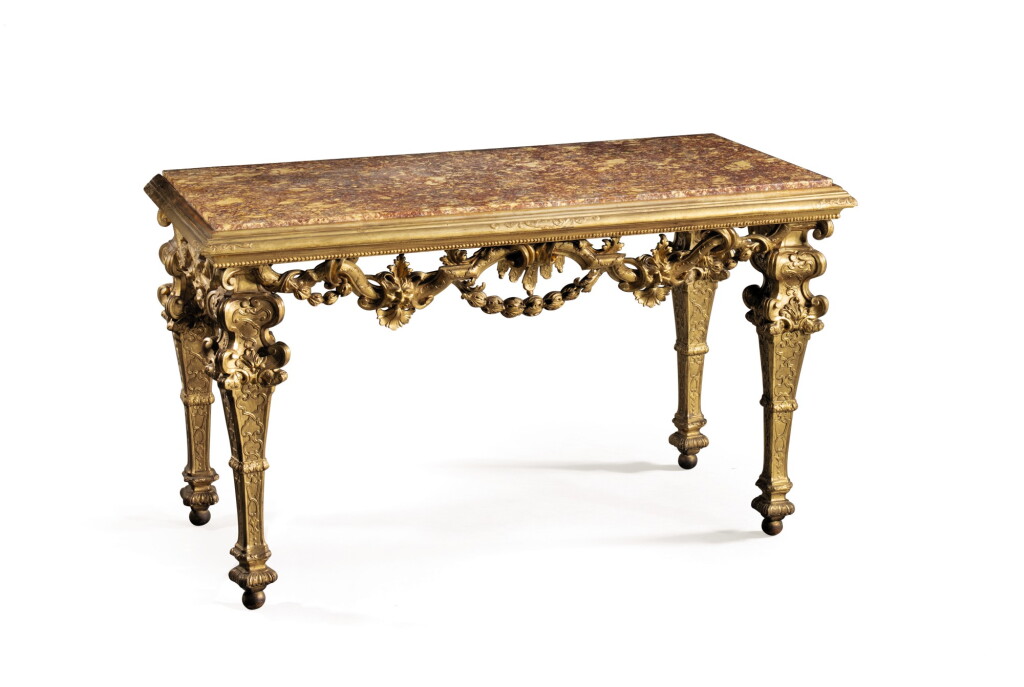 View full screen - View 1 of Lot 111. A PAIR OF GENOESE CARVED AND GILTWOOD CONSOLES, CIRCA 1700 | PAIRE DE CONSOLES EN BOIS SCULPTÉ ET DORÉ, TRAVAIL GÉNOIS, VERS 1700.