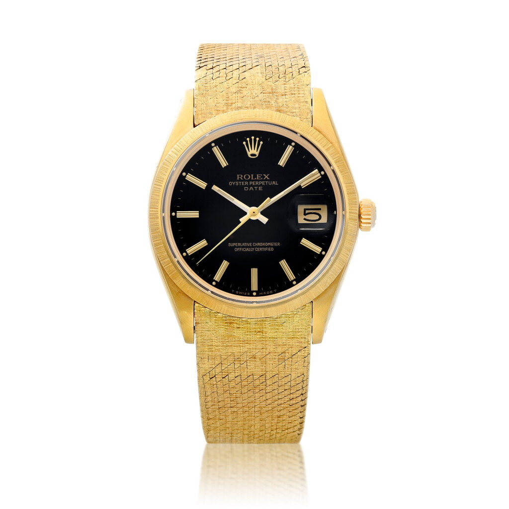 View full screen - View 1 of Lot 8146. Oyster Date, Reference 1511 | A yellow gold wristwatch with date and bracelet, Circa 1972 | 勞力士 | Oyster Date 型號1511 | 黃金鏈帶腕錶,備日期顯示,約1972年製.