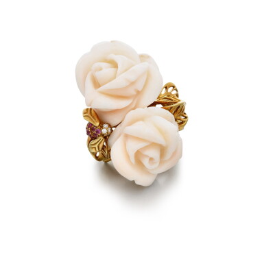 View full screen - View 1 of Lot 177. Coral and diamond ring.