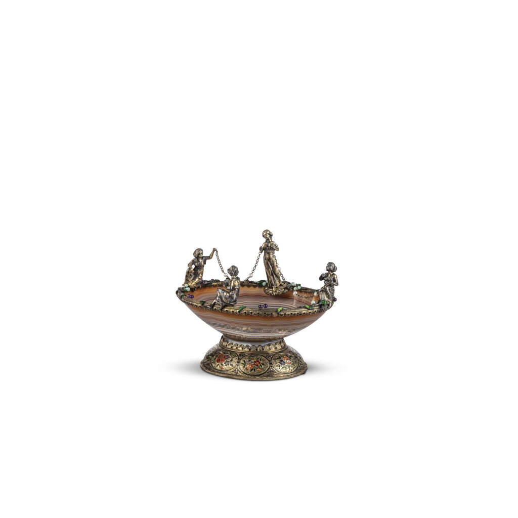 View full screen - View 1 of Lot 219. A silver-gilt mounted hardstone, enamelled, and with coloured stones cup, probably Austrian, circa 1870-1880.