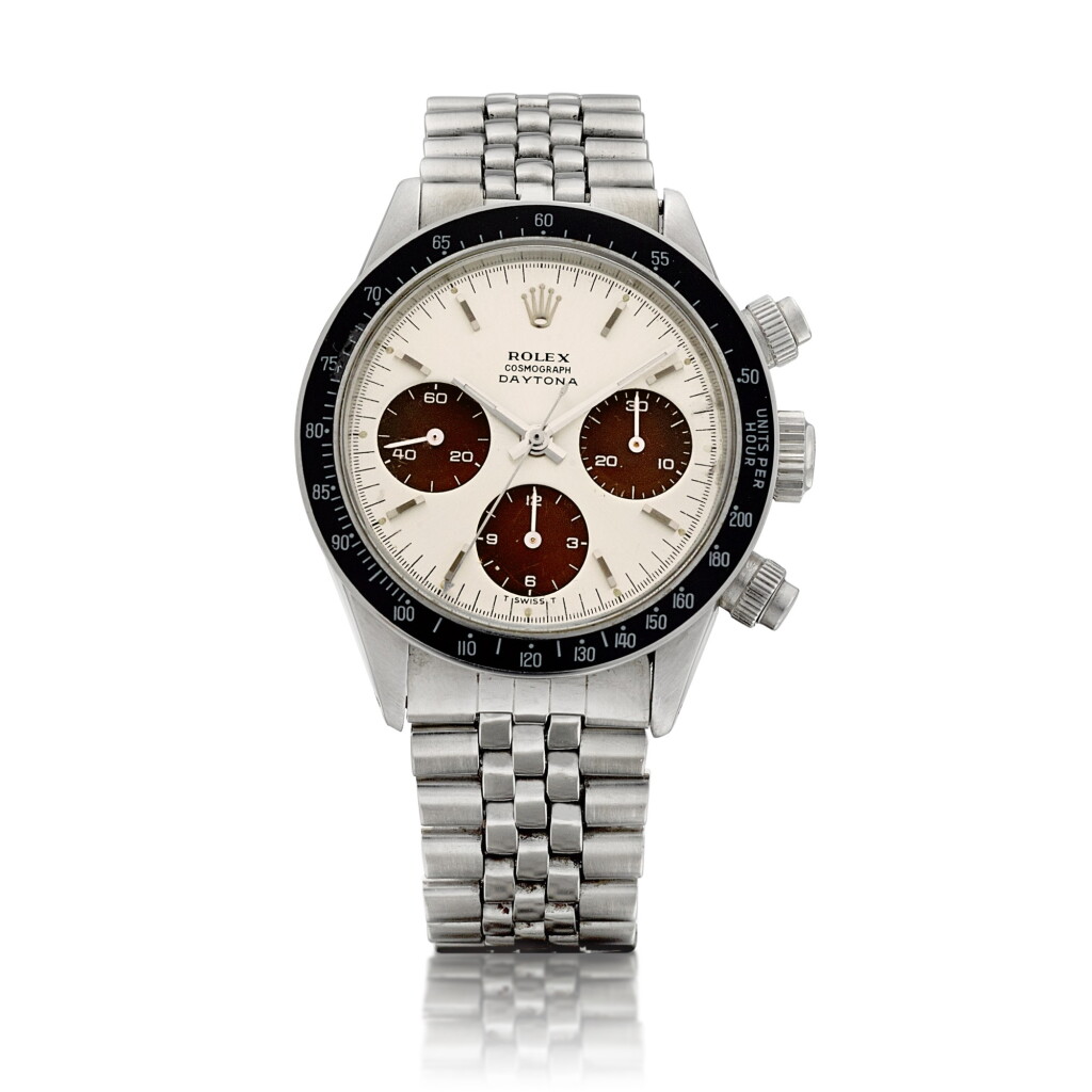 View full screen - View 1 of Lot 2287. Cosmograph Daytona, Reference 6240 | A stainless steel chronograph wristwatch with tropical register and big logo bracelet, Circa 1966 | 勞力士 | Cosmograph Daytona 型號6240 | 精鋼計時鏈帶腕錶,備棕式錶盤及 big logo,約1966年製.