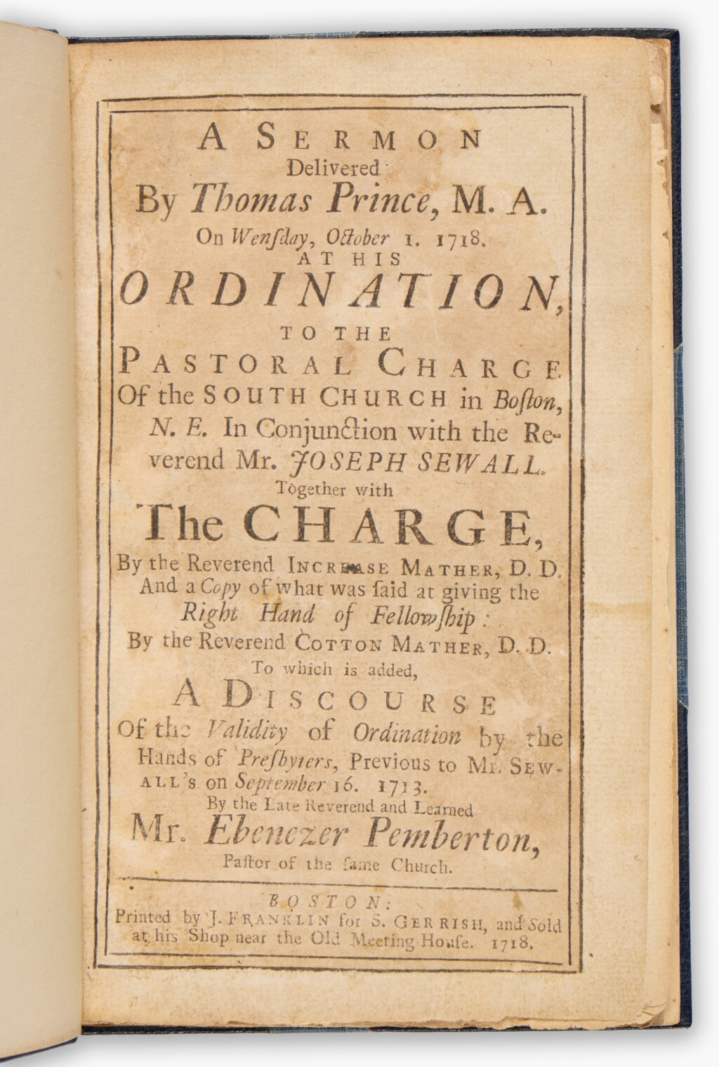 View full screen - View 1 of Lot 1. Thomas Prince, et al. | One of the first books Franklin had a hand in printing.