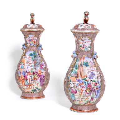 View full screen - View 1 of Lot 45. A pair of Chinese Mandarin pattern baluster vases and covers, Qing dynasty, 19th century.