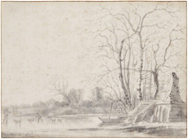 View full screen - View 1 of Lot 78. Winter landscape with skaters and dogs on the ice, by a ruined castle.