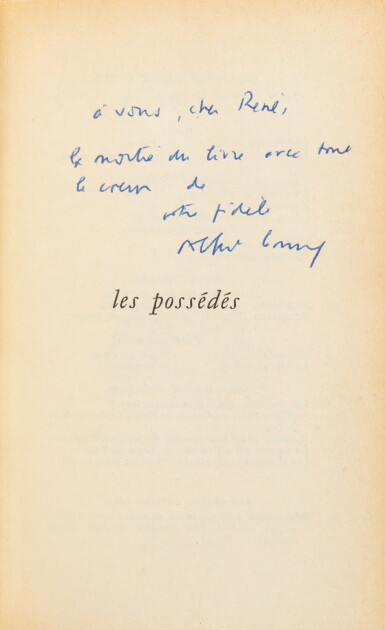 View full screen - View 1 of Lot 67. Les Possédés. Gallimard, 1959. Exemplaire du service de presse, avec un envoi à René Char..