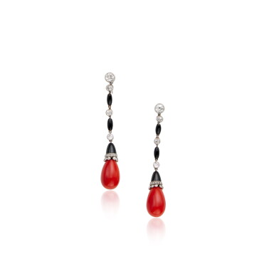 View full screen - View 1 of Lot 396. Pair of Coral, Onyx and Diamond Pendant-Earrings, France.