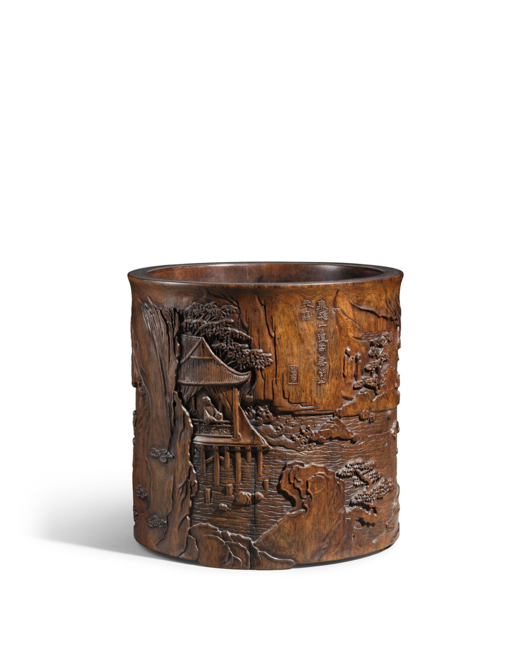 View full screen - View 1 of Lot 8007. A large inscribed huanghuali ‘mountainscape’ brushpot, Qing dynasty, 18th century | 清十八世紀 黃花梨山水人物圖筆筒.