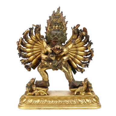 View full screen - View 1 of Lot 578. A parcel gilt-bronze figure of Yamantaka Vajrabhairava and Vajravetali, Qing dynasty, late 18th - 19th century 清十八世紀末至十九世紀 局部鎏金銅大威德金剛像.