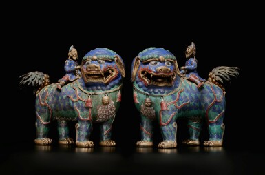 View full screen - View 1 of Lot 24. A pair of large cloisonné-enamel 'lion and foreigner' censers, Qing dynasty, Qianlong period.