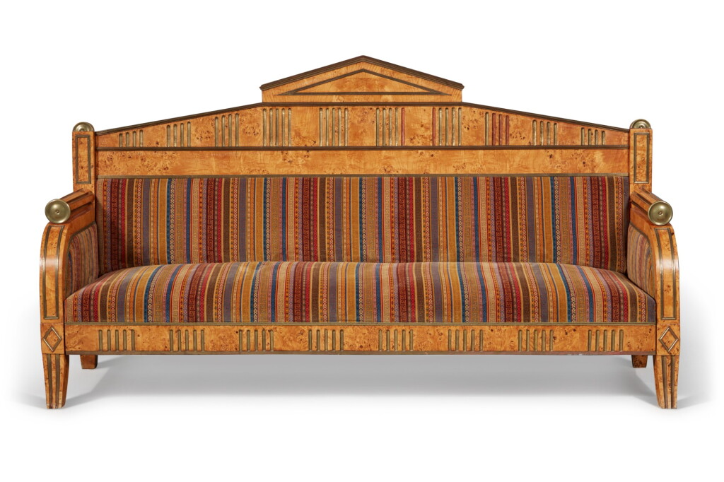 View full screen - View 1 of Lot 142. A Russian Neoclassical Brass-Mounted Karelian Birch Sofa, Circa 1820.