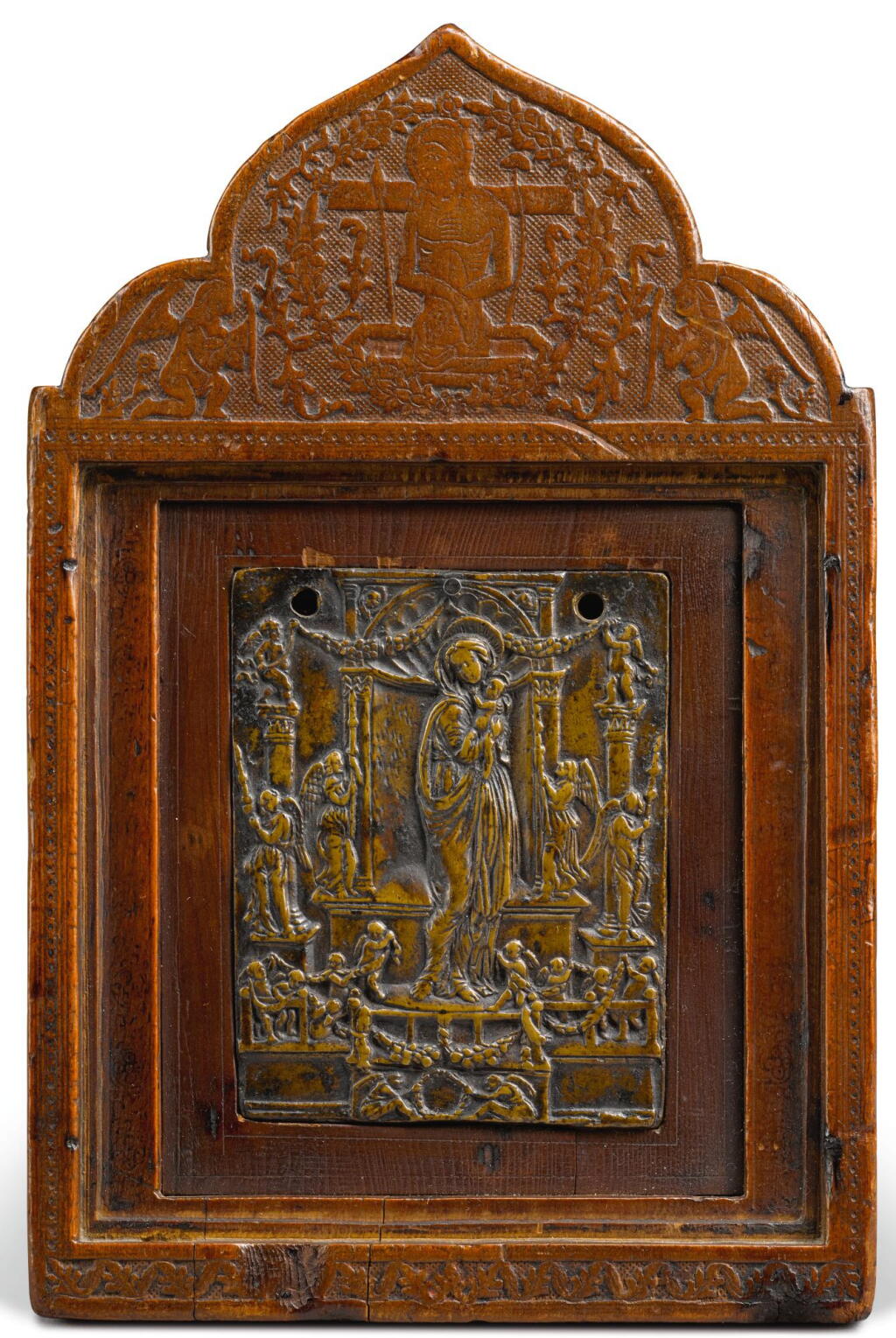 View full screen - View 1 of Lot 32. NORTHERN ITALIAN, PROBABLY PADUA, CIRCA 1450-1480 | PLAQUETTE WITH THE VIRGIN AND CHILD SURROUNDED BY ANGELS.