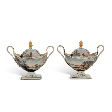 View full screen - View 1 of Lot 95. A pair of George III polychrome painted toleware urns and covers, late 18th century.
