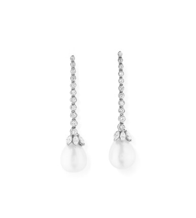 View full screen - View 1 of Lot 199. Deux paires de pendants d'oreille perles de culture et diamants | Two pairs of cultured pearl and diamond pendent earrings.