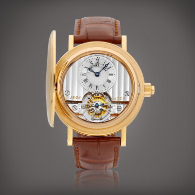 View full screen - View 1 of Lot 8603. Reference 1801 | A special edition pink gold half hunting case tourbillon wristwatch, Made for the 200th anniversary of the tourbillon by Abraham-Louis Breguet, Circa 2001 | 寶璣 | 型號1801 | 特別版粉紅金半獵殼陀飛輪腕錶,為紀念阿伯拉罕•路易•寶璣發明陀飛輪 200 週年而製,約2001年製.