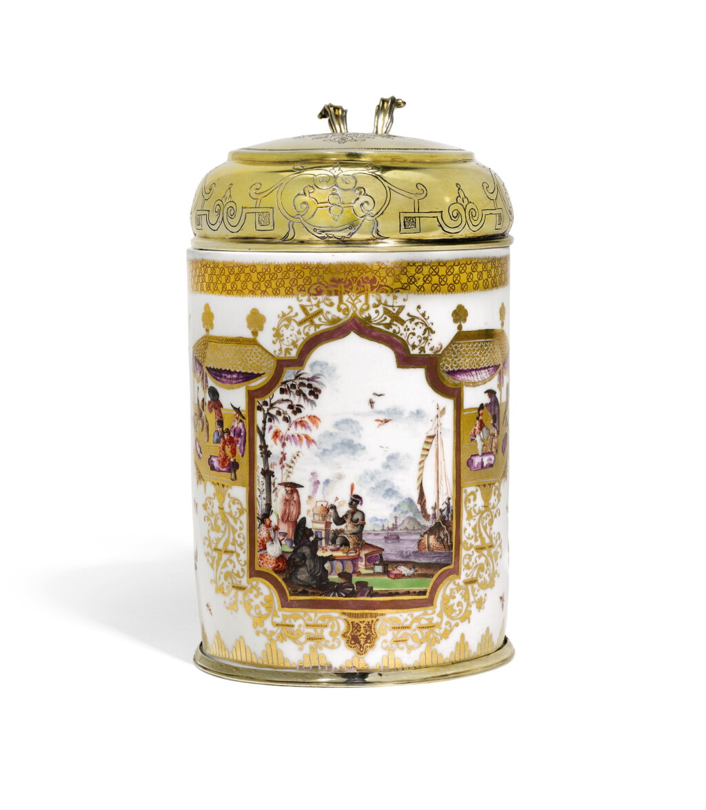 View full screen - View 1 of Lot 171. A silver-gilt mounted Meissen porcelain chinoiserie tankard, Circa 1726.
