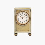 London retailed | Mignonette | A silver-gilt and enamel 8-day miniature travelling clock with original Cartier London presentation case, Circa 1911