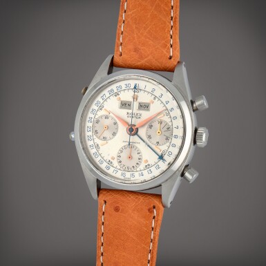 View full screen - View 1 of Lot 7. 'Jean-Claude Killy', Reference 6236 | A stainless steel calendar chronograph wristwatch | Circa 1958.