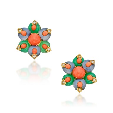 View full screen - View 1 of Lot 88. Pair of Coral, Chalcedony and Diamond Earclips.