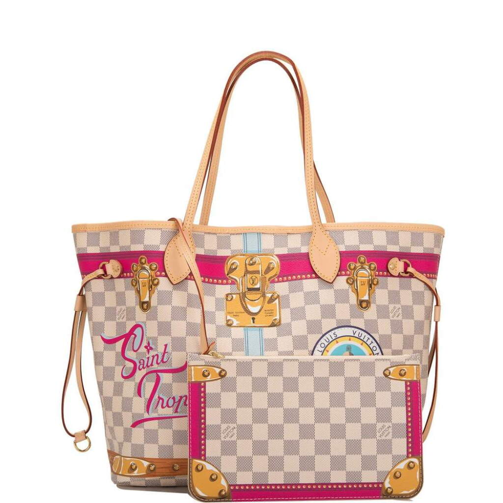 View full screen - View 1 of Lot 213. Louis Vuitton Damier Azur St. Tropez Summer Trunk Neverfull MM of Coated Canvas and Vachetta Leather Trim with Polished Golden Brass Hardware.