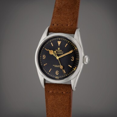View full screen - View 1 of Lot 437. Reference 6350 Explorer | A stainless steel wristwatch, Circa 1953.