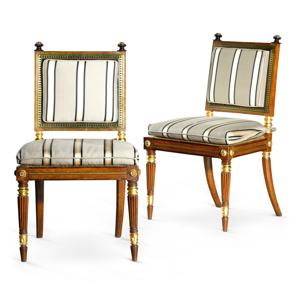 View full screen - View 1 of Lot 64. A pair of Regency ormolu-mounted brass-inlaid ebony and oak side chairs, circa 1815, attributed to George Bullock.