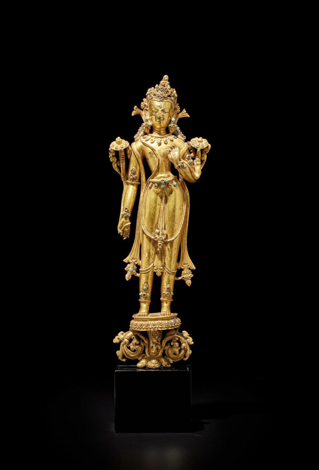 View full screen - View 1 of Lot 302. A large hardstone-inlaid gilt-copper alloy figure of Avalokiteshvara, Tibet, circa 14th century.