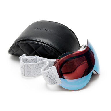 View full screen - View 1 of Lot 83. White and Pink Textile, Acrylic and Glass Mirrored Shield Ski Goggles, 2020.