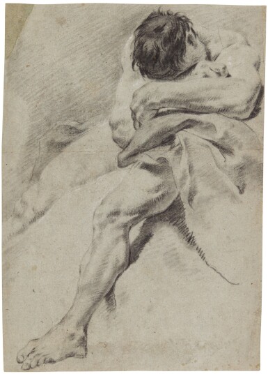 View full screen - View 1 of Lot 58. Male nude leaning forward, resting his head on his hands.
