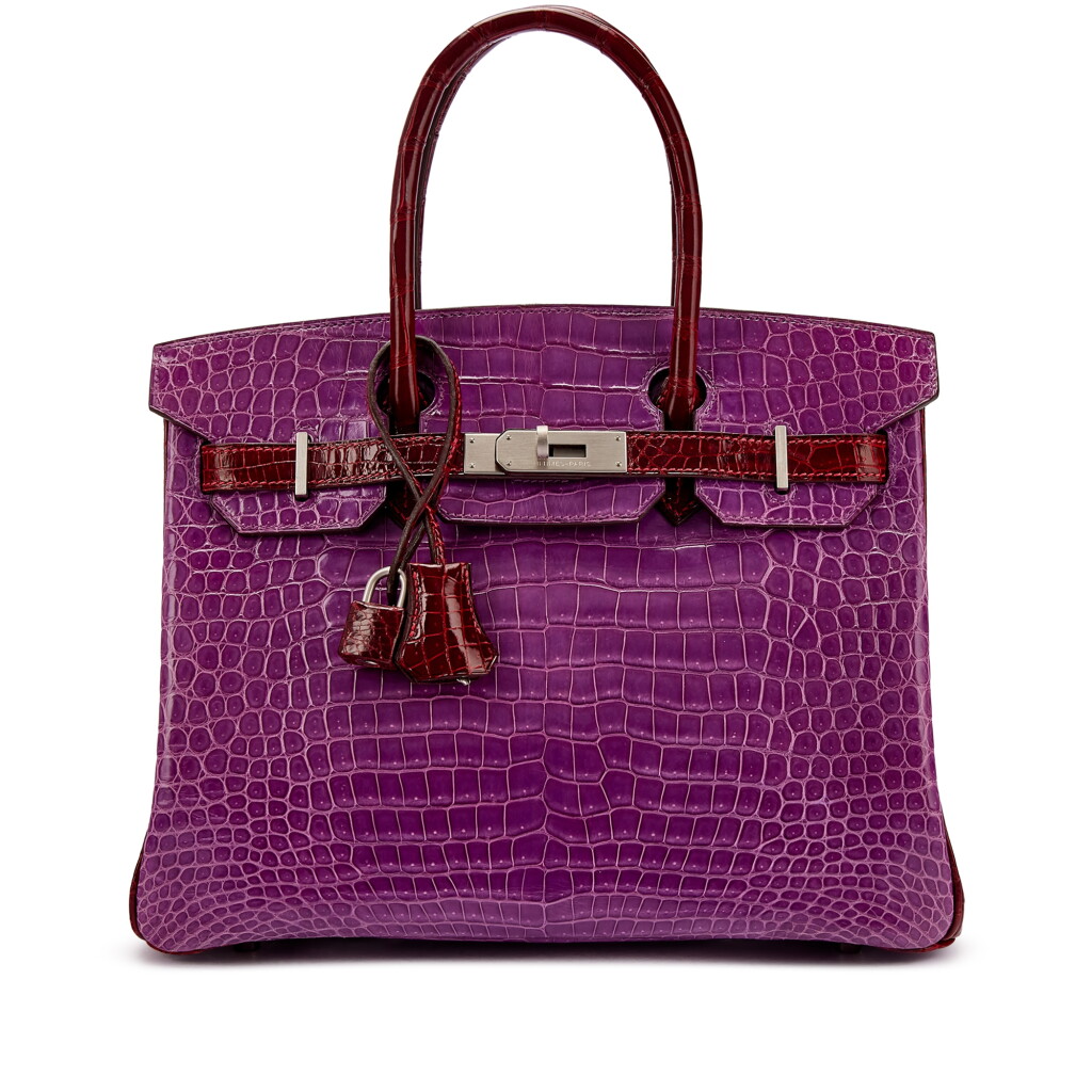 View full screen - View 1 of Lot 1627. Violet and Rouge H Shiny Porosus Crocodile Custom Birkin 30 Brushed Palladium Hardware, 2007.