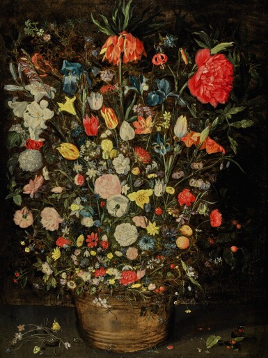 View full screen - View 1 of Lot 25. Still life with a large bouquet of flowers in a wooden bucket, including a crown imperial lily, roses, tulips and other flowers, with butterflies, insects and berries on the shelf beneath |《靜物畫:木盆裡的大束鮮花,包括一朵冠花貝母、玫瑰、鬱金香,盆架上有蝴蝶、昆蟲、莓果》.