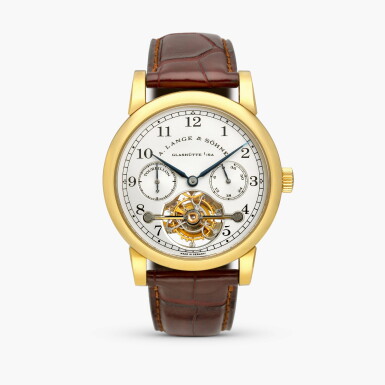 View full screen - View 1 of Lot 2424. Tourbillon “Pour le Mérite”, Reference 701.001 | A limited edition yellow gold tourbillon wristwatch with chain and fusée and power reserve indication, Circa 1997.