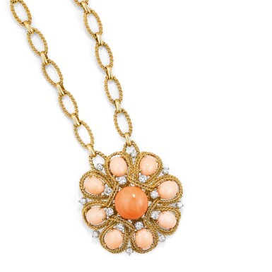 View full screen - View 1 of Lot 126. COLLIER/BROCHE CORAIL ET DIAMANTS, VERS 1970 | CORAL AND DIAMOND BROOCH/NECKLACE, 1970S.