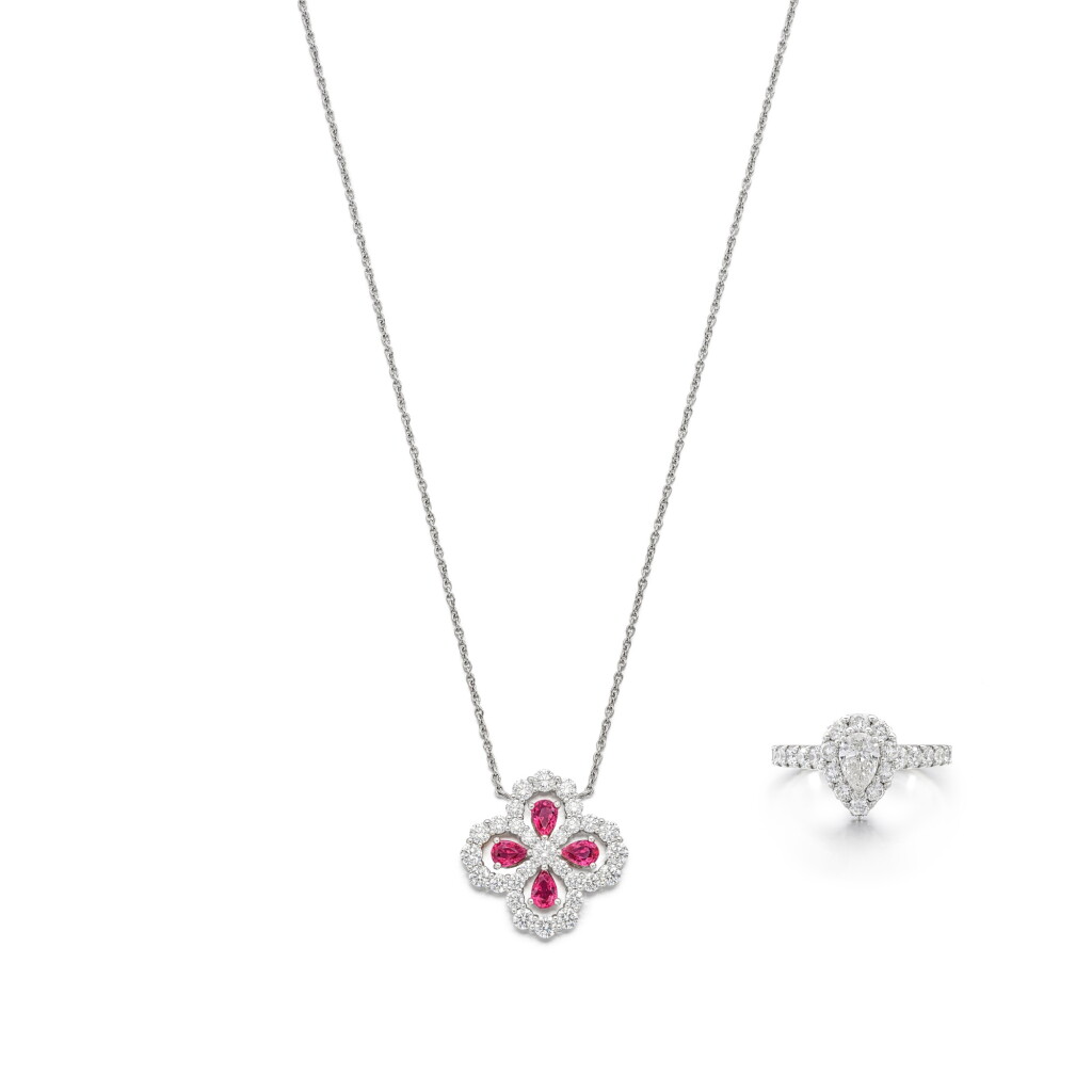 View full screen - View 1 of Lot 308. Ruby and Diamond Pendent Necklace and Diamond Ring | 海瑞溫斯頓 | 格拉夫 | 紅寶石 配 鑽石 項鏈 及 鑽石 戒指.