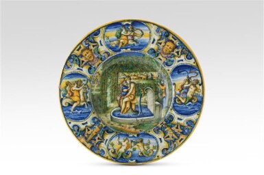 View full screen - View 1 of Lot 5. A Venice maiolica Istoriato plate, dated 1569, probably painted by Maestro Domenego da Venezia.