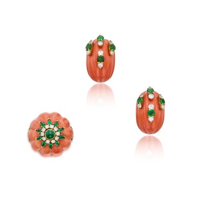 View full screen - View 1 of Lot 290. Coral, Emerald and Diamond Ring and Pair of Earclips.