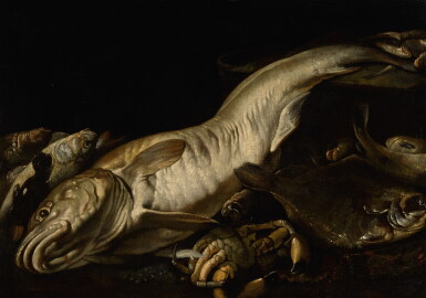 View full screen - View 1 of Lot 234. ATTRIBUTED TO GIUSEPPE RECCO | A STILL LIFE WITH A FORKHEAD HAKE, SEA BASS, CRAB AND OTHER FISH.